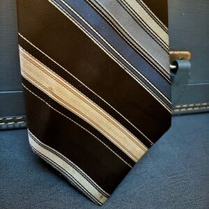 VTG Trevira Elegant Striped Tie in Black, Gray, and Tan made in Italy